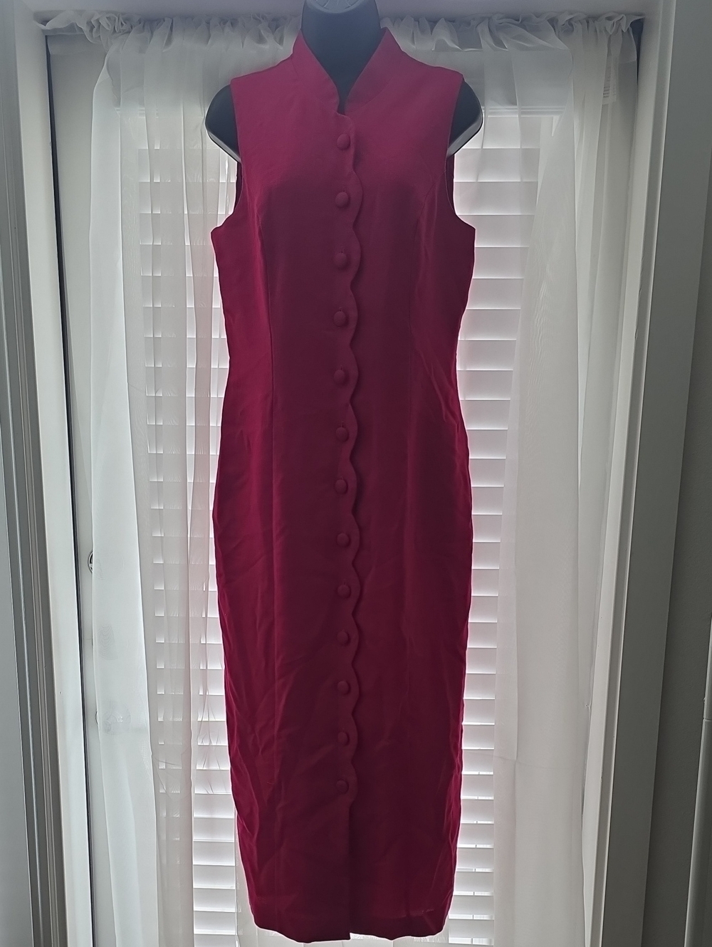 Vintage Misty Lane Fuchsia Button Front Linen Blend Sleeveless Sheath Dress